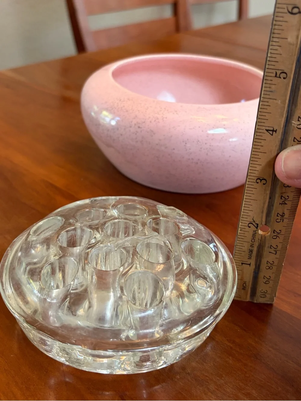 Vintage MCM Bauer Speckled Pink Flower Bowl including Glass Flower Frog